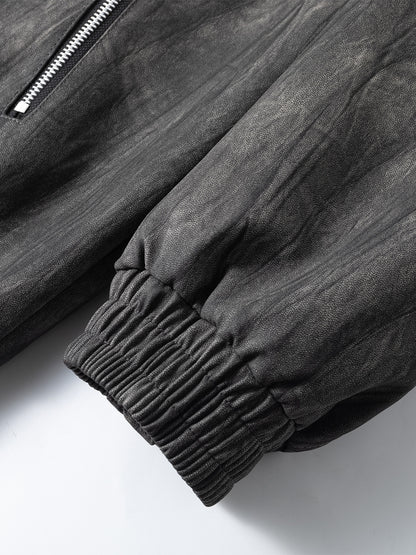 Men'S Vintage-Inspired Faux Leather Jacket - Loose Fit, Long Sleeve, Zip-Up with Chest Pockets