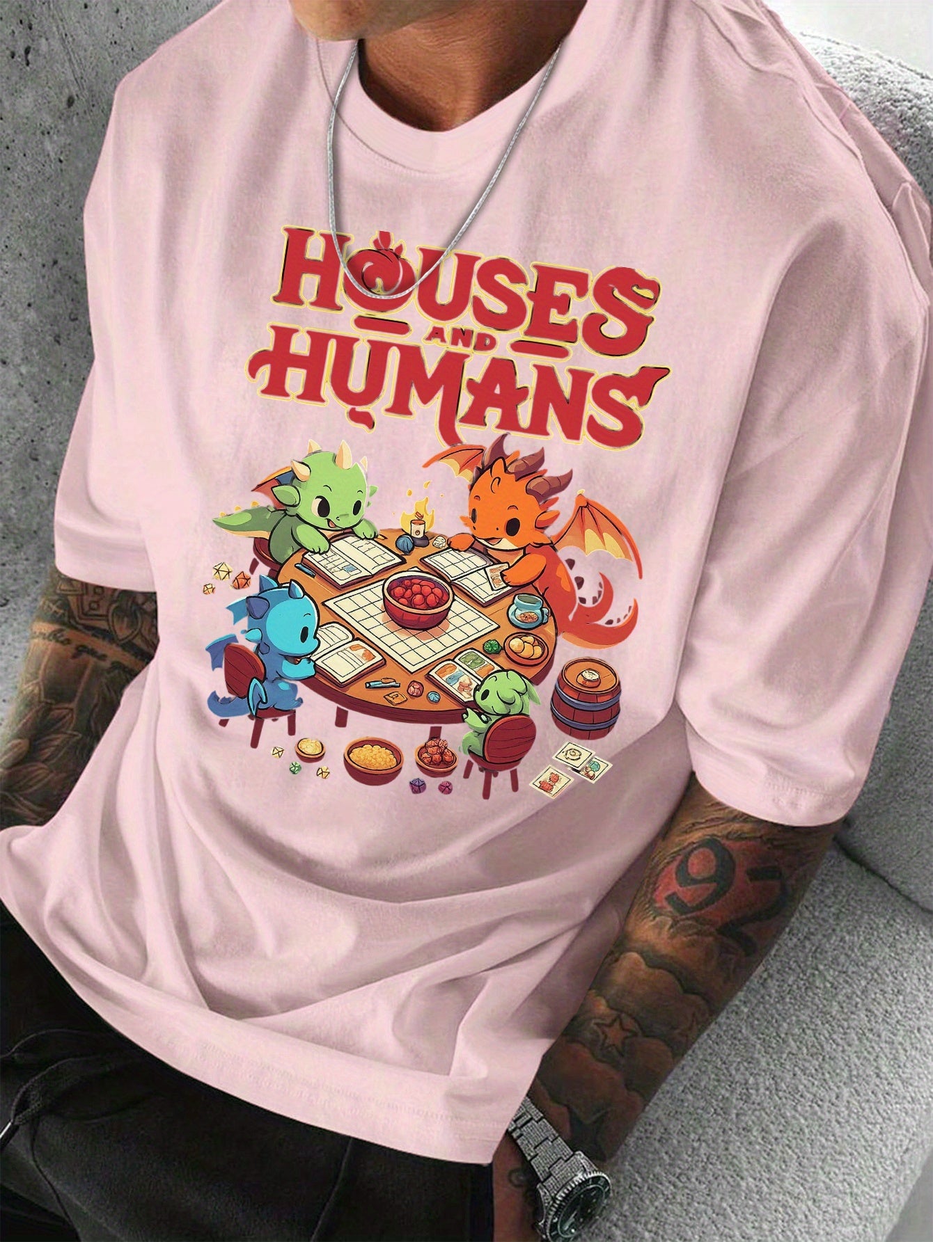 Men'S Casual Short Sleeve T-Shirt with Whimsical Dragon & Cabin Print - \