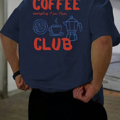 Men's short-sleeve T-shirt, 100% polyester fabric, loose fit, printed with English text and teapot design