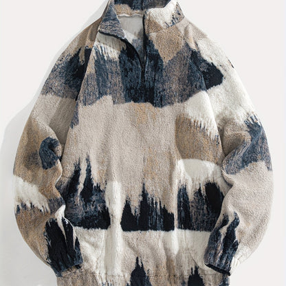 Men'S Plush Fleece-Lined Half-Zip Pullover Sweatshirt with Mountain Landscape Print - Soft Breathable Fabric