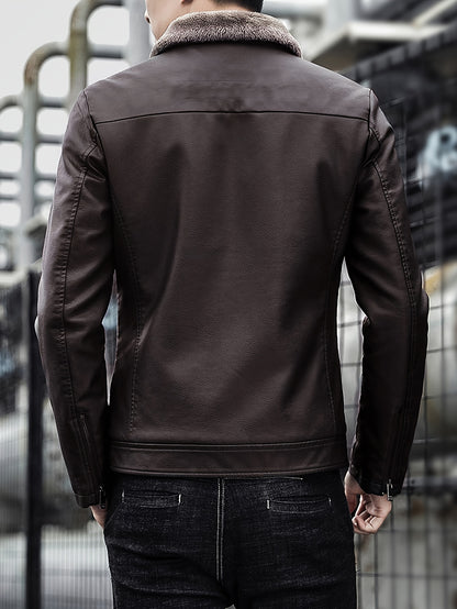 Warm Windproof PU Jacket Warm Windproof Men's Casual PU Jacket with Fleece Lining