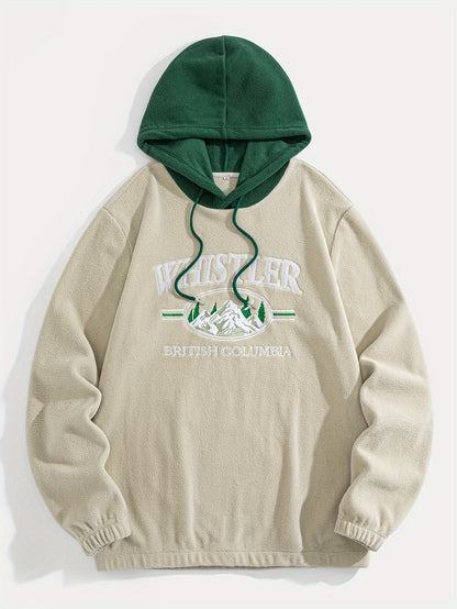 1pc Whistler British Columbia Embroidered Preppy Hoodie for Men - Thick Fleece