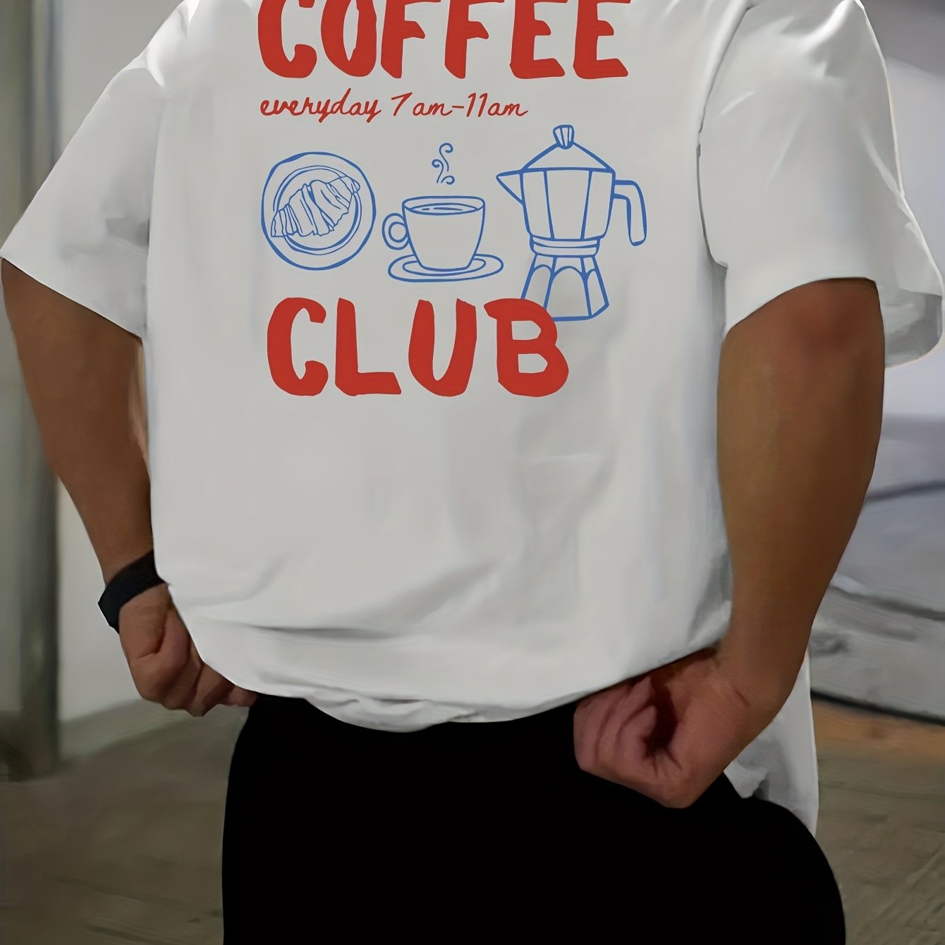 Men's short-sleeve T-shirt, 100% polyester fabric, loose fit, printed with English text and teapot design