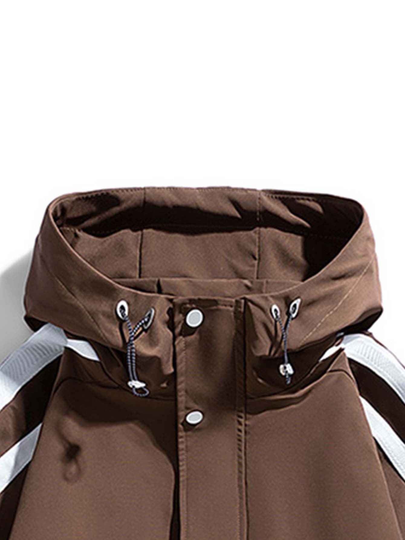 Men's Heavy-Duty Windproof Jacket - Full-Zip Hooded Windbreaker with White Stripe Collar & Cuffs