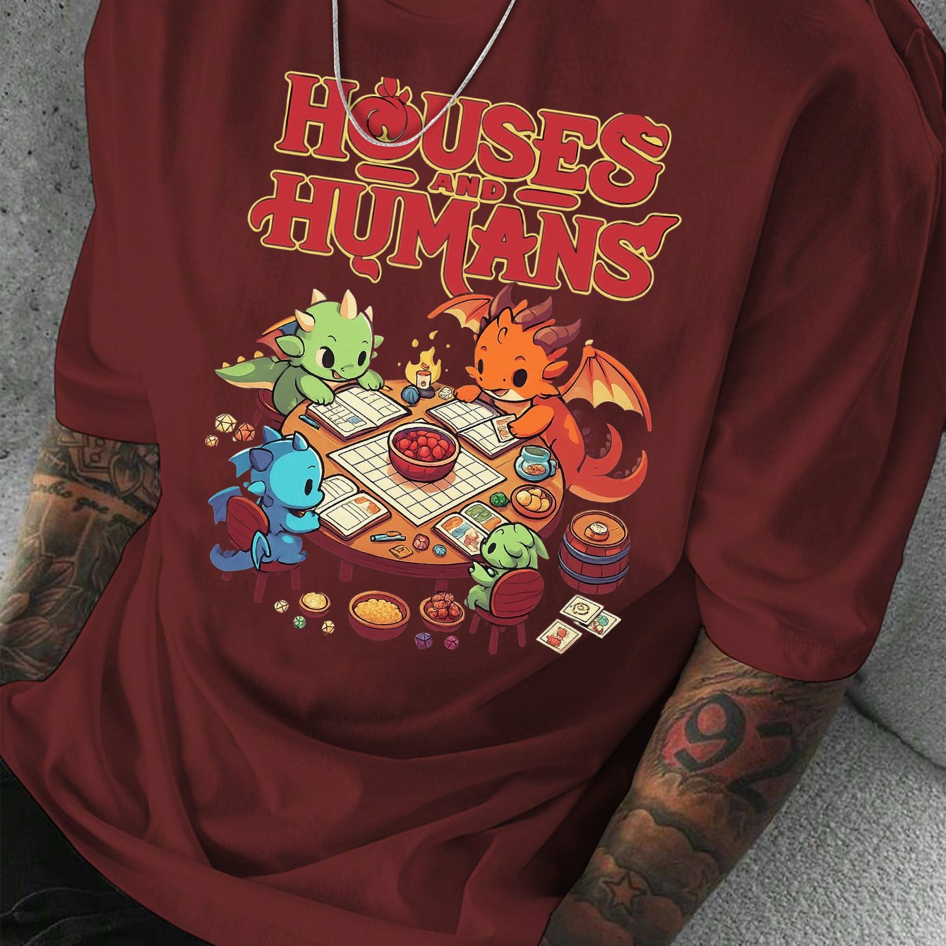 Men'S Casual Short Sleeve T-Shirt with Whimsical Dragon & Cabin Print - \