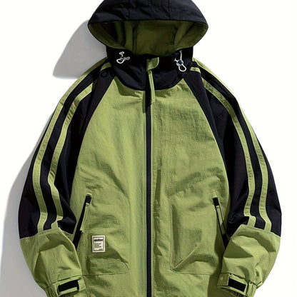 Polyester Hooded Jacket Polyester Men's Casual Hooded Jacket | Color-Block Design, Loose Fit