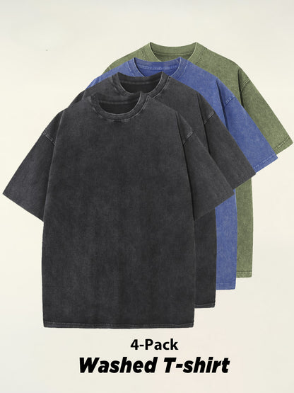 4pcs 100% Cotton Acid-Washed 230g T-Shirts - Retro Vintage Style
